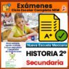 Una joven escribe en un escritorio. Un texto a su alrededor anuncia exámenes de historia editables para segundo de secundaria de la Nueva Escuela Mexicana, con preguntas de opción múltiple y una herramienta de calificación automática.