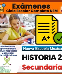 Una joven escribe en un escritorio. Un texto a su alrededor anuncia exámenes de historia editables para segundo de secundaria de la Nueva Escuela Mexicana, con preguntas de opción múltiple y una herramienta de calificación automática.