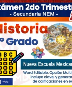 Portada colorida de un examen de historia de 1° grado para secundaria, con iconos de opción múltiple, logotipo de Word, imágenes históricas y texto resaltando que es editable y para la Nueva Escuela Mexicana.