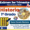 Imagen de portada para un examen de historia de 1.er grado (tercer trimestre) para "Secundaria NEM". Presenta íconos como una hoja de respuestas con burbujas, un reloj, una flor de colores y figuras históricas. El texto incluye "Nueva Escuela Mexicana" y formato MS Word.