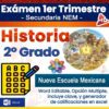 Imagen de portada para un examen de historia mexicana de segundo grado, con texto colorido, un reloj, figuras históricas, un ícono de hoja de respuestas y menciones al formato Word editable y preguntas de opción múltiple.