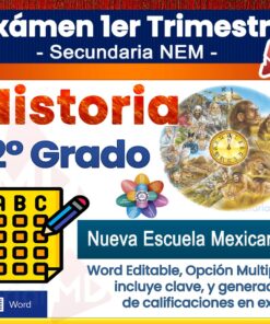 Imagen de portada para un examen de historia mexicana de segundo grado, con texto colorido, un reloj, figuras históricas, un ícono de hoja de respuestas y menciones al formato Word editable y preguntas de opción múltiple.