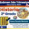Examen de Historia 2º Grado, Segundo Trimestre, Secundaria NEM, Nueva Escuela Mexicana. Incluye opción múltiple, clave y generador de calificaciones en Excel. Imágenes de historia, reloj y formato Word.
