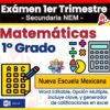 Portada colorida de un examen de matemáticas para 1° de secundaria, con iconos de calculadora, operaciones y tabla; indica opción múltiple, editable en Word y generador de calificaciones en Excel.