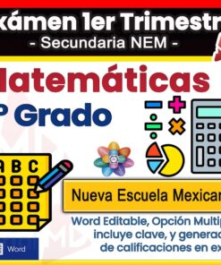 Portada colorida de un examen de matemáticas para 1° de secundaria, con iconos de calculadora, operaciones y tabla; indica opción múltiple, editable en Word y generador de calificaciones en Excel.