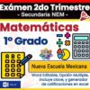 Colorido gráfico educativo para un examen de matemáticas de 1er grado, con iconos de una calculadora, símbolos matemáticos y una flor, con texto sobre la Nueva Escuela Mexicana y opciones editables de Word y Excel.