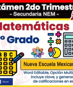 Colorido gráfico educativo para un examen de matemáticas de 1er grado, con iconos de una calculadora, símbolos matemáticos y una flor, con texto sobre la Nueva Escuela Mexicana y opciones editables de Word y Excel.