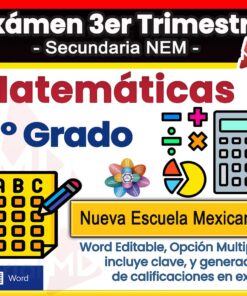 Portada colorida de examen de matemáticas de 1° grado para secundaria con íconos de calculadora, tabla y símbolos matemáticos; destaca "Nueva Escuela Mexicana" y menciona opciones en Word y generador de calificaciones en Excel.