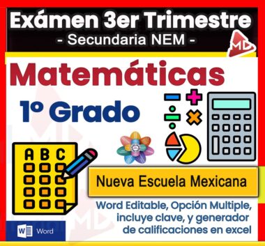 Portada colorida de examen de matemáticas de 1° grado para secundaria con íconos de calculadora, tabla y símbolos matemáticos; destaca "Nueva Escuela Mexicana" y menciona opciones en Word y generador de calificaciones en Excel.
