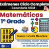 Imagen promocional de un recurso para examen de matemáticas de 1er grado, que muestra íconos de una prueba, calculadora y hoja de respuestas con texto vibrante: "Matemáticas 1° Grado, Nueva Escuela Mexicana, opción múltiple, editable en Word".
