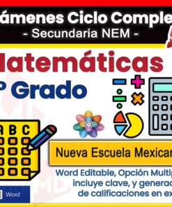 Imagen promocional de un recurso para examen de matemáticas de 1er grado, que muestra íconos de una prueba, calculadora y hoja de respuestas con texto vibrante: "Matemáticas 1° Grado, Nueva Escuela Mexicana, opción múltiple, editable en Word".