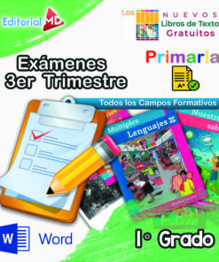 Portada colorida para cuadernillo de exámenes de primer grado de primaria, con libros de texto, un portapapeles con un lápiz y los logotipos de «Editorial MD», «Primaria» y «Word». Texto: «Exámenes 3er Trimestre, 1° Grado».
