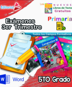Imagen con gráficos coloridos que muestra libros de texto de 5.º de primaria, un portapapeles con marcas de verificación, un lápiz y logotipos. El texto incluye: "Exámenes 3.er Trimestre", "Primaria", "5.º Grado" y "Word".