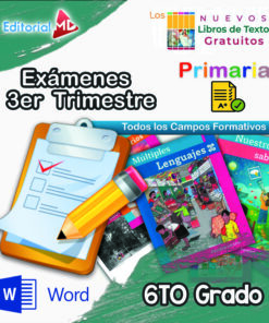 Portada colorida para exámenes de 6.º de primaria. Incluye libros de texto, un portapapeles con lista de verificación, un lápiz y logotipos de libros de texto gratuitos, Word y una editorial educativa. Texto: «Exámenes 3.er Trimestre, 6.º Grado».