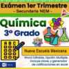 Portada del examen de química de 3º de secundaria, titulado "Examen 1er Trimestre Secundaria NEM", con iconos de ciencias, una hoja de respuestas múltiples y notas sobre el formato Word editable y las opciones de calificación.