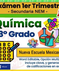 Portada del examen de química de 3º de secundaria, titulado "Examen 1er Trimestre Secundaria NEM", con iconos de ciencias, una hoja de respuestas múltiples y notas sobre el formato Word editable y las opciones de calificación.