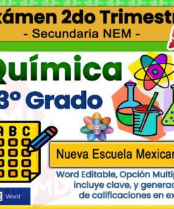 Colorida imagen de portada para un examen de química de 3º de primaria (2º trimestre) para la Nueva Escuela Mexicana. Incluye iconos de una hoja de examen, moléculas, matraces y símbolos de documentos Word. Texto destacado editable, formato de opción múltiple.