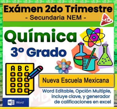 Colorida imagen de portada para un examen de química de 3º de primaria (2º trimestre) para la Nueva Escuela Mexicana. Incluye iconos de una hoja de examen, moléculas, matraces y símbolos de documentos Word. Texto destacado editable, formato de opción múltiple.