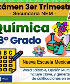 Imagen de portada para un examen de química de 3er grado del plan de estudios "Nueva Escuela Mexicana". Incluye coloridos iconos de química, un símbolo de opción múltiple y notas editables en formato Word y herramientas de calificación.