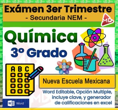 Imagen de portada para un examen de química de 3er grado del plan de estudios "Nueva Escuela Mexicana". Incluye coloridos iconos de química, un símbolo de opción múltiple y notas editables en formato Word y herramientas de calificación.