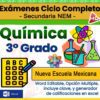 Portada para un libro de examen de química de secundaria mexicana, 3er grado. Incluye íconos de ciencias (matraces, átomo), un examen de opción múltiple y texto resaltando formato Word editable y herramientas de calificación.