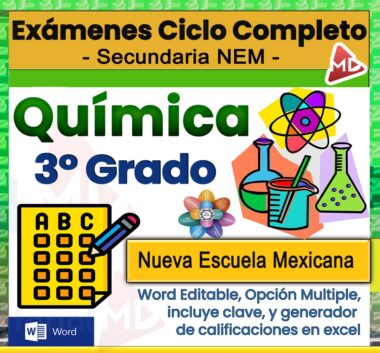 Portada para un libro de examen de química de secundaria mexicana, 3er grado. Incluye íconos de ciencias (matraces, átomo), un examen de opción múltiple y texto resaltando formato Word editable y herramientas de calificación.