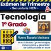Imagen de portada para un examen de tecnología de 1er grado en el sistema Nueva Escuela Mexicana, que presenta íconos de una hoja de prueba, una computadora portátil y engranajes de colores, con texto que indica que es editable e incluye un generador de calificaciones.