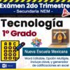 Imagen de portada de examen de tecnología de 1.er grado, titulada "Examen 2do Trimestre – Secundaria NEM". Incluye íconos de una hoja de examen, una laptop con candado y "Nueva Escuela Mexicana". Incluye un archivo de Word editable y de opción múltiple.