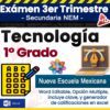Cuadro colorido con texto: "Examen 3er Trimestre Secundaria NEM MD. Tecnología 1º Grado. Nueva Escuela Mexicana. Word editable, opción múltiple, incluye clave y generador de calificaciones". Iconos de examen, flor y computadora portátil.