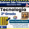 Portada del examen de "Tecnología 2.º Grado", con iconos de un examen de opción múltiple, una laptop y una flor colorida. El texto resalta que corresponde al nuevo sistema escolar mexicano y es editable en Word.