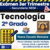 Gráfico digital para un "Examen de Tecnología del 3er Trimestre" para segundo grado de secundaria NEM, que presenta íconos de una hoja de prueba, una flor colorida y una computadora portátil con candado, además de texto sobre formato Word editable y opciones de opción múltiple.