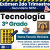 Gráfico promocional para un examen de tecnología de 3er grado en el sistema Nueva Escuela Mexicana, que presenta íconos de una hoja de examen, una computadora portátil con candado y una flor colorida, con texto sobre formato Word editable y opción múltiple.