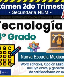Gráfico promocional para un examen de tecnología de 3er grado en el sistema Nueva Escuela Mexicana, que presenta íconos de una hoja de examen, una computadora portátil con candado y una flor colorida, con texto sobre formato Word editable y opción múltiple.