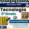 Imagen promocional para un examen de tecnología del tercer trimestre para tercer grado, que presenta íconos de una hoja de prueba, una flor y una computadora portátil, con texto resaltado en formato Word editable y opciones de opción múltiple.