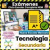 Un estudiante que usa audífonos realiza un examen en línea en una computadora. El texto dice: “Exámenes Ciclo Escolar Completo NEM, Nueva Escuela Mexicana, Tecnología Secundaria”. También se muestran los iconos de prueba, carpeta, Word y marca de verificación.