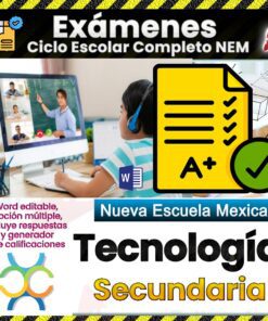 Un estudiante que usa audífonos realiza un examen en línea en una computadora. El texto dice: “Exámenes Ciclo Escolar Completo NEM, Nueva Escuela Mexicana, Tecnología Secundaria”. También se muestran los iconos de prueba, carpeta, Word y marca de verificación.