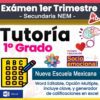 Diseño gráfico para el examen "Tutoría" de 1er grado, con íconos coloridos, "Examen 1er Trimestre - Secundaria NEM" y aspectos destacados como "Socioemocional", "Nueva Escuela Mexicana" y opciones editables en Word.