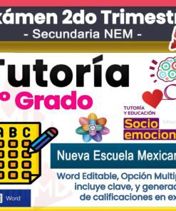 Imagen de portada para un examen de tutoría de primer grado, con gráficos brillantes, íconos para la educación y el aprendizaje socioemocional y resaltado de texto en formato Word editable, opción múltiple, clave de respuestas y generador de Excel.