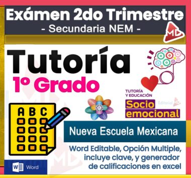 Imagen de portada para un examen de tutoría de primer grado, con gráficos brillantes, íconos para la educación y el aprendizaje socioemocional y resaltado de texto en formato Word editable, opción múltiple, clave de respuestas y generador de Excel.