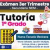 Gráfico educativo colorido para un examen de tutoría de 1er grado, que muestra texto sobre opción múltiple, aprendizaje socioemocional, Nueva Escuela Mexicana y formato editable de Word con clave de respuestas y generador de Excel.