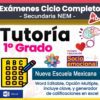 Gráfico promocional para los “Exámenes Ciclo Completo Secundaria NEM” con “Tutoría de 1.º Grado”. Incluye iconos de una hoja de examen, un corazón, un cerebro y una flor, y menciona archivos de Word, opciones múltiples y un generador de calificaciones en Excel.