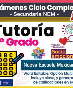 Gráfico promocional para los “Exámenes Ciclo Completo Secundaria NEM” con “Tutoría de 1.º Grado”. Incluye iconos de una hoja de examen, un corazón, un cerebro y una flor, y menciona archivos de Word, opciones múltiples y un generador de calificaciones en Excel.