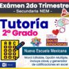 Imagen promocional colorida para un examen de tutoría de segundo grado. El texto destaca opciones múltiples, formato Word editable, clave de respuestas y educación emocional para la escuela secundaria New Mexican School.
