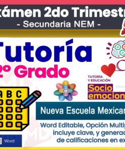 Imagen promocional colorida para un examen de tutoría de segundo grado. El texto destaca opciones múltiples, formato Word editable, clave de respuestas y educación emocional para la escuela secundaria New Mexican School.