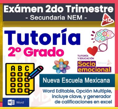 Imagen promocional colorida para un examen de tutoría de segundo grado. El texto destaca opciones múltiples, formato Word editable, clave de respuestas y educación emocional para la escuela secundaria New Mexican School.