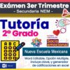 Gráfica educativa colorida que promueve un examen del tercer trimestre para tutorías de segundo grado, enfocado en habilidades socioemocionales, con opción múltiple, generador de calificaciones en Excel y formato editable en Word para Nueva Escuela Mexicana.