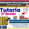 Portada colorida con textos promocionando exámenes de ciclo completo para secundaria NEM, tutoría 2° grado, Socioemocional, Nueva Escuela Mexicana, editable en Word, opción múltiple y generador de calificaciones en Excel.