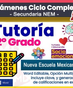 Portada colorida con textos promocionando exámenes de ciclo completo para secundaria NEM, tutoría 2° grado, Socioemocional, Nueva Escuela Mexicana, editable en Word, opción múltiple y generador de calificaciones en Excel.