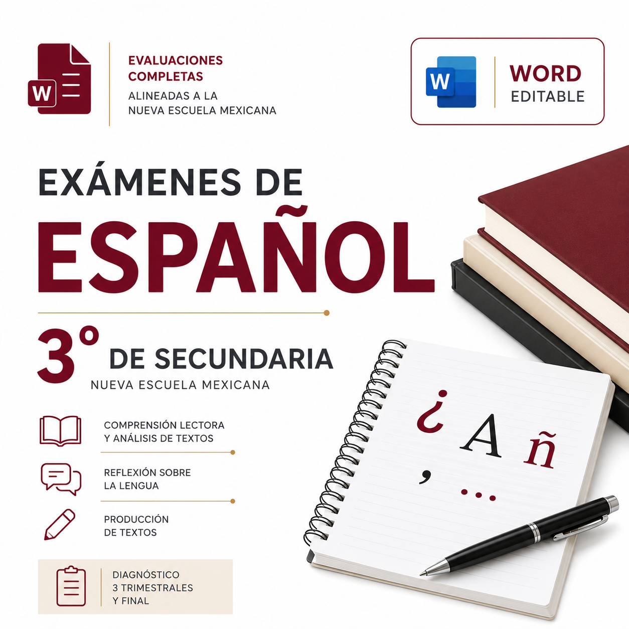 Exámenes de Español 3° de Secundaria NEM 2026-2027 Word Editable | Diagnóstico, Trimestrales y Final 1 Exámenes de Español 3° de Secundaria NEM 2026-2027 Word Editable | Diagnóstico, Trimestrales y Final