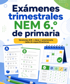 Colorido póster educativo en español para los "Exámenes trimestrales NEM 6.º de primaria", con imágenes de exámenes, un calendario, una lista de control, bolígrafos e iconos relacionados con la escuela y los exámenes.